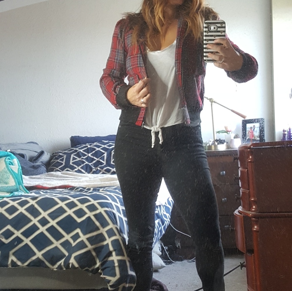 Red plaid hooded jacket